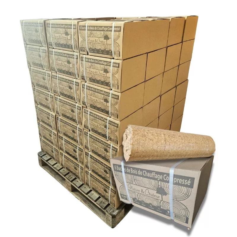 Bois Densifié Confort – 80 cartons de 6 bûches – Palette environ 960kgs