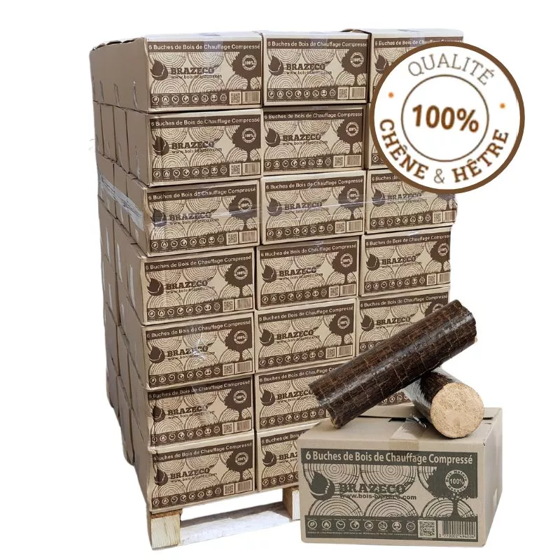 Bois Densifié Premium – 80 cartons de 6 bûches – Palette environ 960kgs